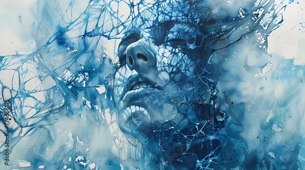 Fototapeta premium Blue watercolor painting: To harness this power responsibly, we must weave a net of ethical considerations, strong enough to catch us from falling into the abyss of our own creation