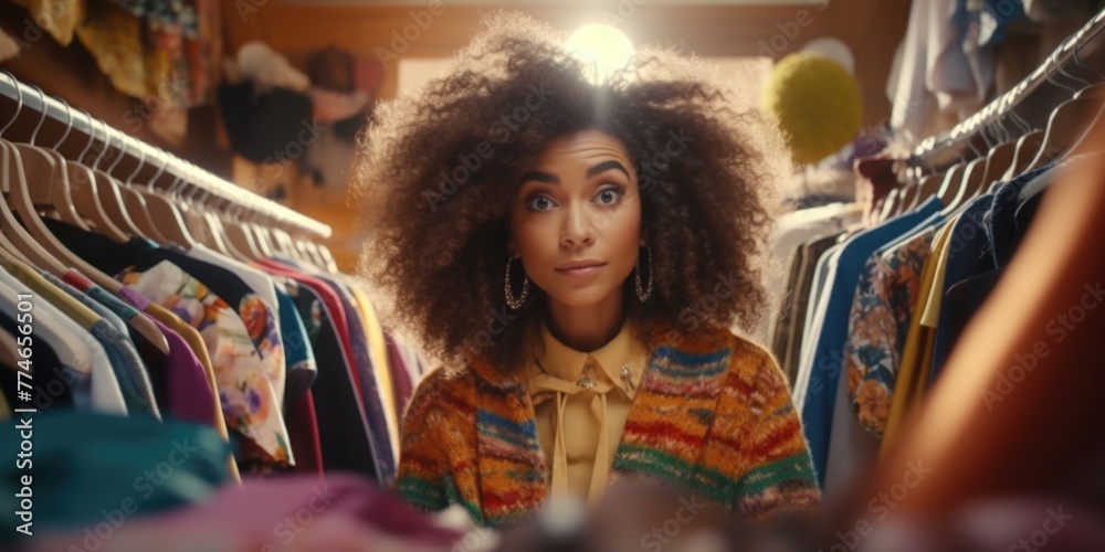 A woman with curly hair is standing in a closet full of clothes