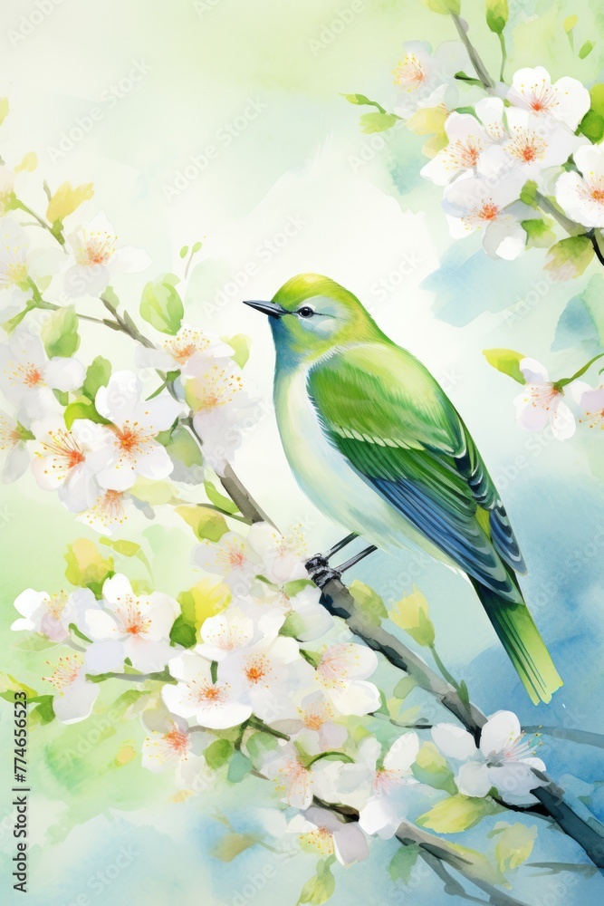 A green bird is perched on a branch of a tree with white blossoms