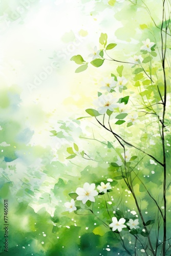 A painting of a tree with white flowers and green leaves