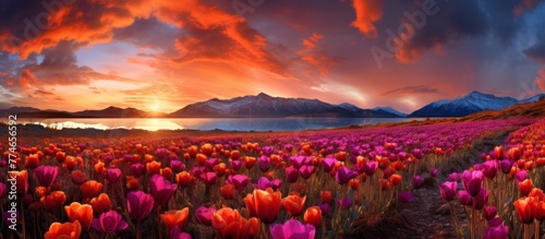 Beautiful pink tulips blooming in a field as the sun sets in the background, creating a stunning and colorful scenery