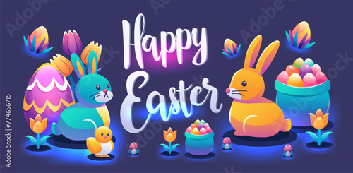 Happy Easter greeting card with colorful eggs and flowers spring holiday celebration card horizontal