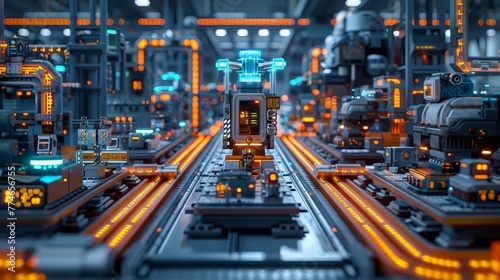 A 3D illustration of a manufacturing plant managed by robotic assembly lines