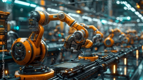 A 3D illustration of a manufacturing plant managed by robotic assembly lines