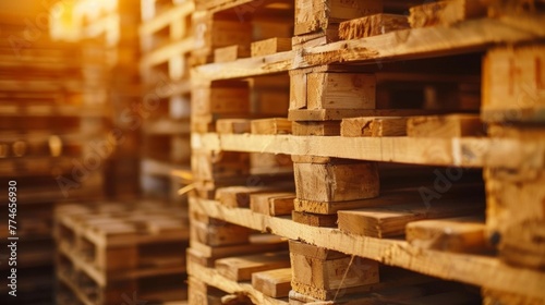 Wooden pallets stacked neatly in a warehouse setting
