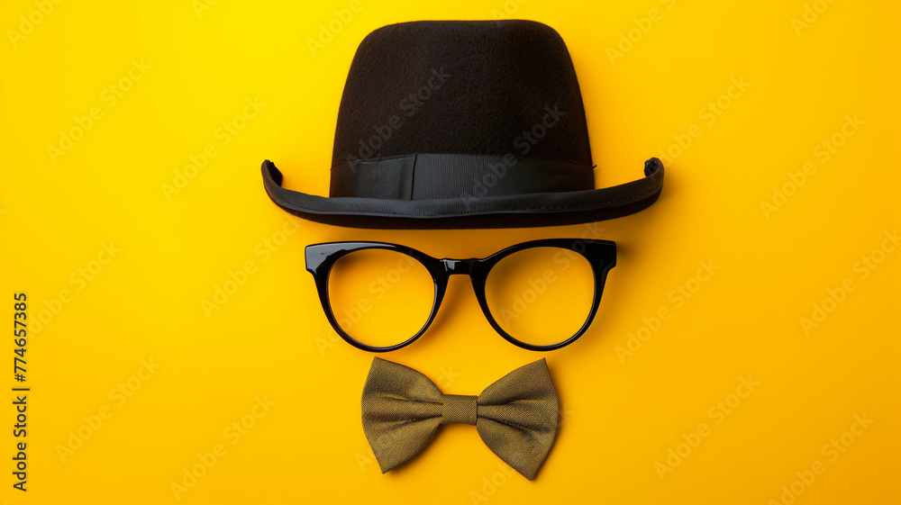 hat, glasses and mustache on tellow background. Father