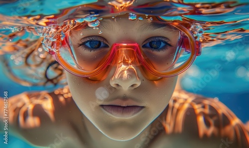 A child professional swimming in pool underwater, bright bold colors