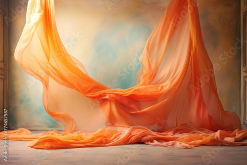 Elegant orange fabric flowing in grand hall