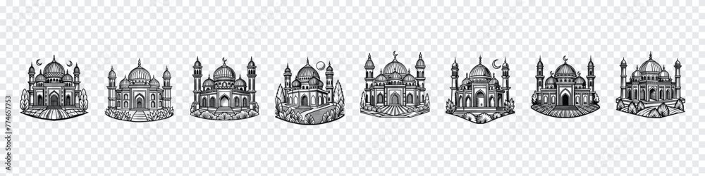 hand drawn mosque, mosque icon, icon mosque,  illustration of a Muslim Mosque Silhouette, Muslim mosque isolated flat facade on white background. 