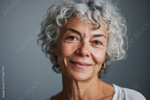 Portrait of a happy senior woman with grey hair smiling at the camera