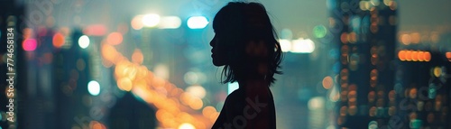 Silhouette of a woman standing against the backdrop of a city skyline, with skyscrapers and urban lights glowing in the background © Hifzhan Graphics