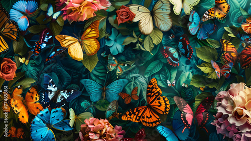 Elegant product amidst a dance of vibrant butterflies, vivid colors weaving a story of beauty and allure.
