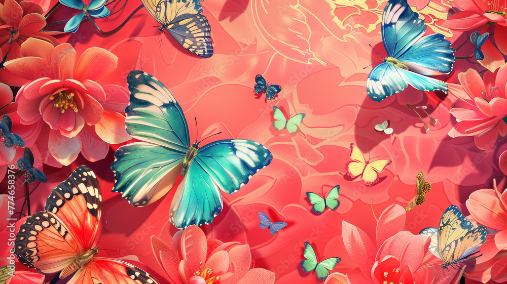 Radiant product debut, framed by vivid butterflies in a vibrant tableau, perfect for launch promotions.