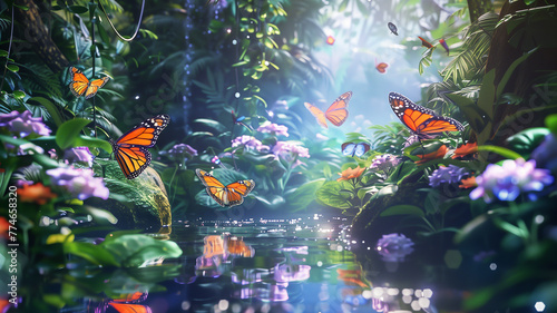 Product in a magical garden, vivid butterflies enhancing its vibrant appeal, a marketer's dream.