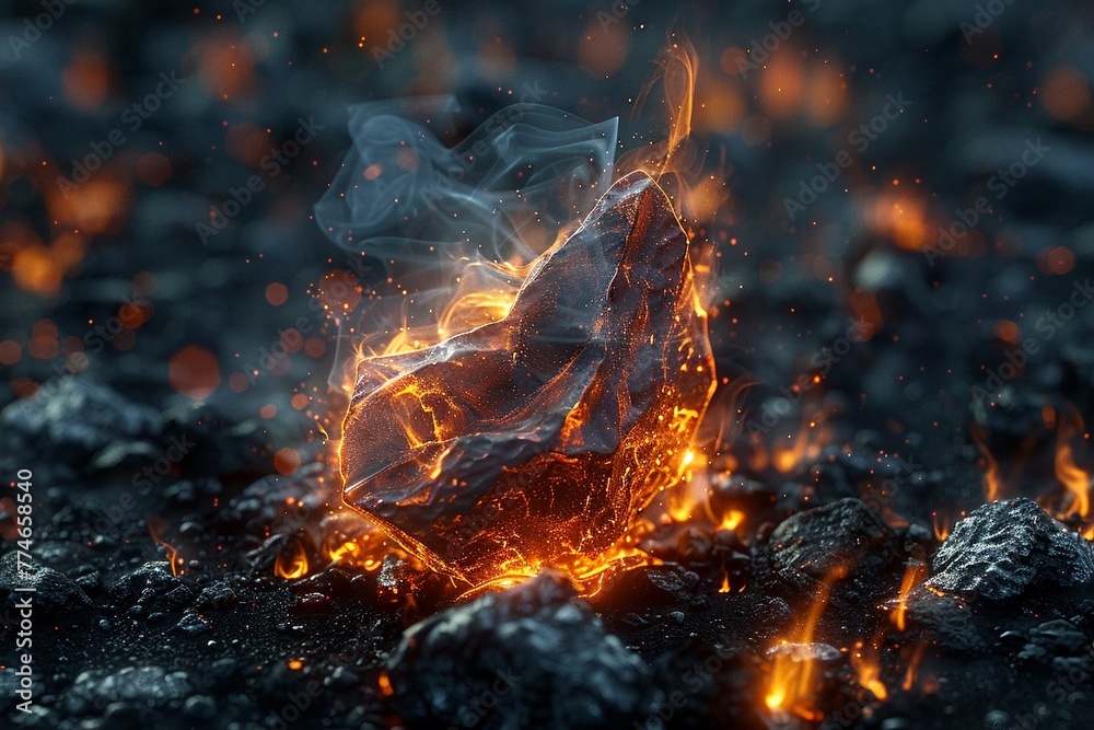 Naklejka premium Photorealistic image of a random object engulfed in flames, detailed textures visible ,3DCG,clean sharp focus