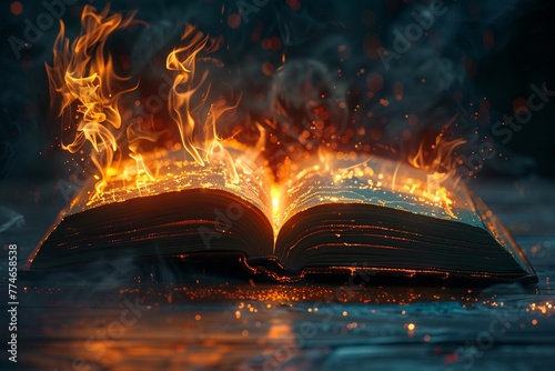 Random book with pages on fire, photorealistic image capturing the flames vibrant colors ,3DCG,high resulution