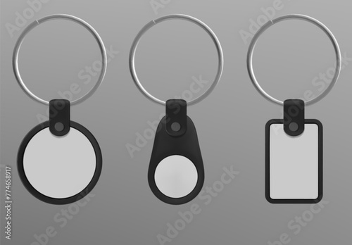 Keychain on metal ring realistic 3d vector set. Black leather and white plastic key holder mockup. Different shapes of pendant label souvenir for branding design. Template of trinket accessory.