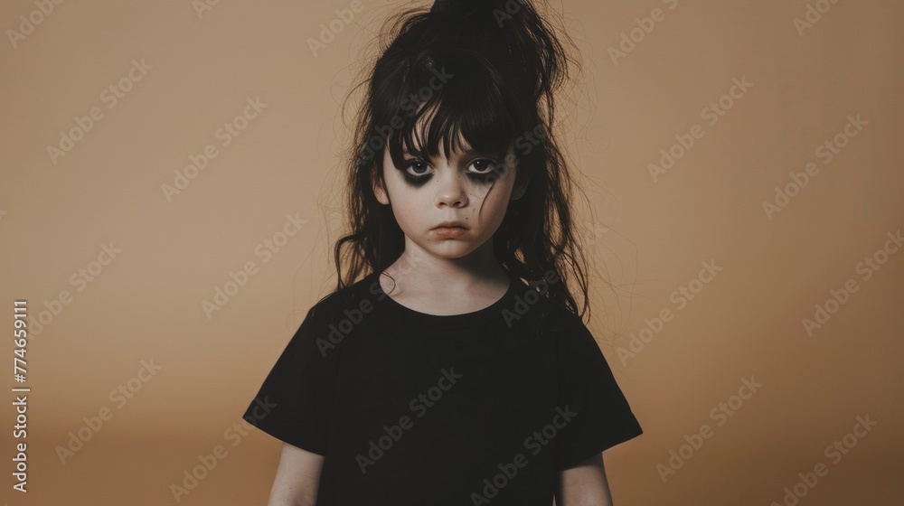 A little girl with a messy ponytail and a black t - shirt A little girl with a messy ponytail and a black t - shirt