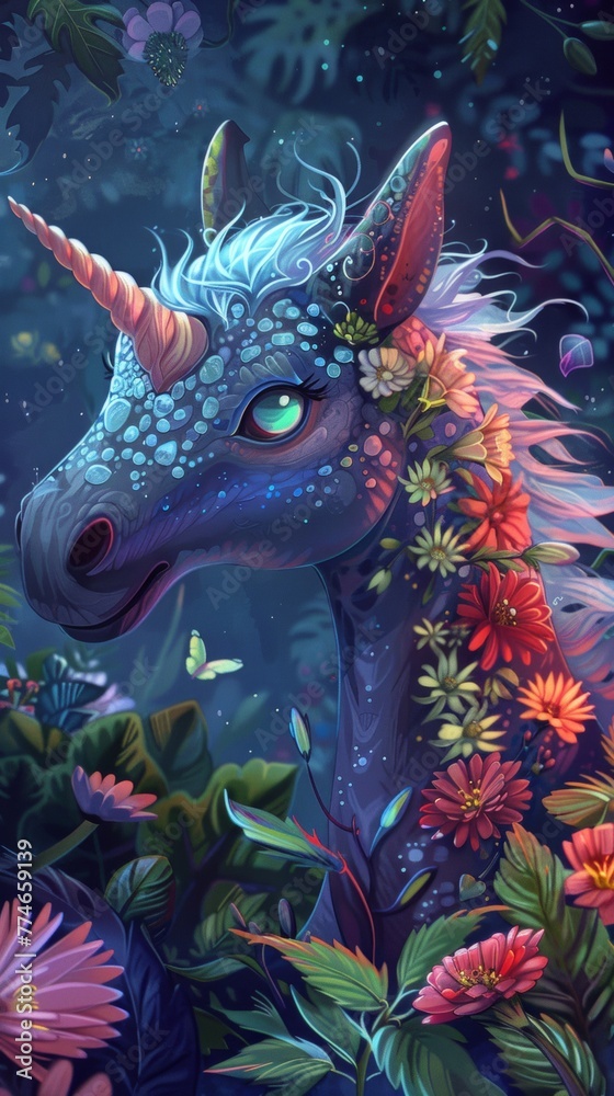 A painting of a unicorn surrounded by flowers A painting of a unicorn surrounded by flowers