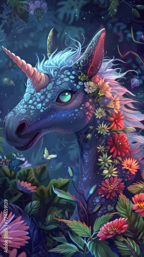 A painting of a unicorn surrounded by flowers © Maria Starus
