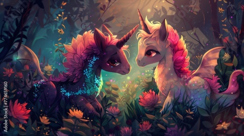 A couple of unicorns standing next to each other in a forest