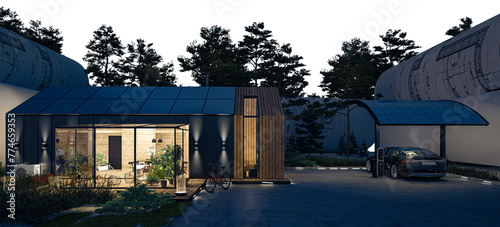 Project of Energy supply at a family house with a solar carport (isolaated for dark background) - 3D visualization