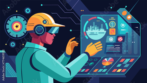 A closeup of a workers hands operating a control panel with a holographic interface projecting relevant data and instructions in their field of