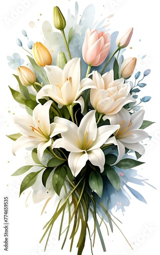 Elegant White Floral Bouquet Illustration,A beautiful illustration of an elegant bouquet with white flowers and green foliage, perfect for wedding designs and invitations