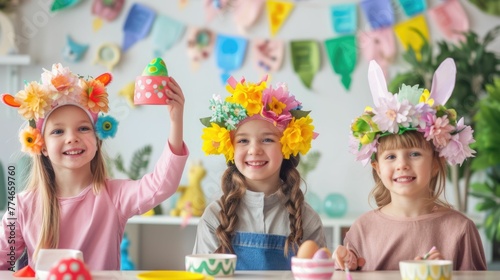 happy girls with flower crowns are smiling at a table adorned with Easter eggs, sharing in the joy of a fun arts and crafts event AIG42E