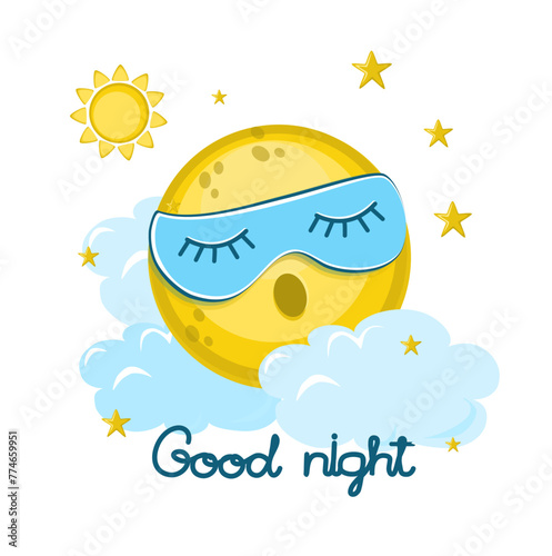 Flat vector illustration of sleeping moon in mask for sleeping in the sky among clouds, stars and sun. 