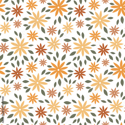 Floral summer texture for textile or wrapping paper. Vector seamless pattern with simple blooming flowers. Repeat ornament.