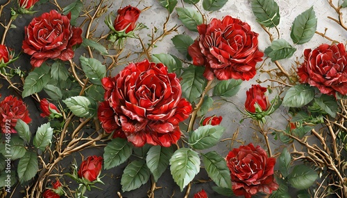 3D Texture: Branches with Red Roses and Leaves