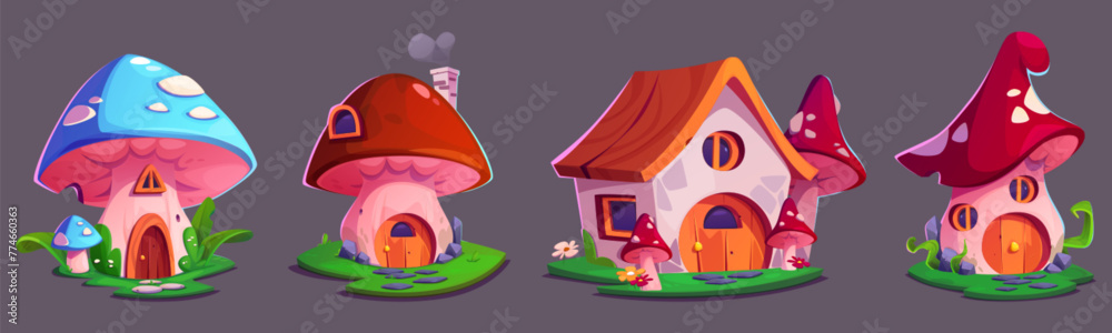 Naklejka premium Fantasy fairytale gnome or animal mushroom house. Cartoon vector illustration set of magic forest or garden tiny home made from fungus with grass and flowers. Cute elf cottage with window and door