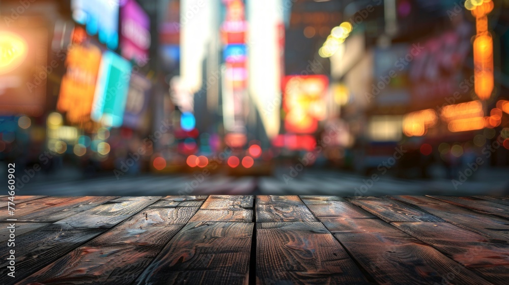 A wooden table is shown in the foreground, with a blurred cityscape in the background featuring buildings and urban structures A wooden table is shown in the foreground, with a blurred cityscape in the background featuring buildings and urban structures