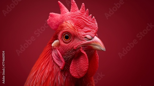  A tight shot of a rooster's head against a red backdrop, with the rooster in sharp focus