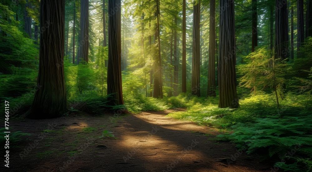   The sun penetrates the tall trees' canopy, illuminating a dense, green forest floor where a dirt path lies in the foreground