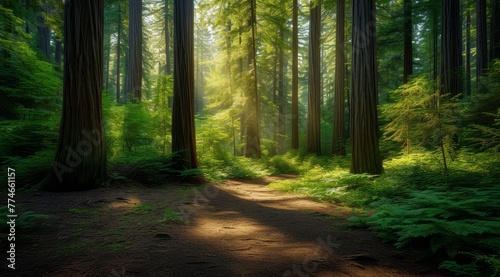  The sun penetrates the tall trees' canopy, illuminating a dense, green forest floor where a dirt path lies in the foreground