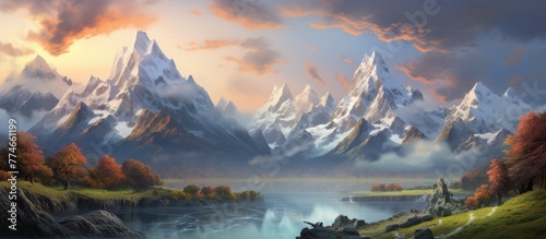 Scenic view of a serene mountain landscape featuring a calm lake with a majestic mountain range in the distance photo