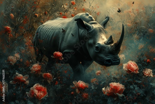  A rhino stands in a flower-filled field, a butterfly hovers above its head, near its nostrals
