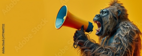 A stylized image of a gorilla yelling into a megaphone on a vibrant yellow background. Concept of powerful communication and attention-grabbing advertisement.