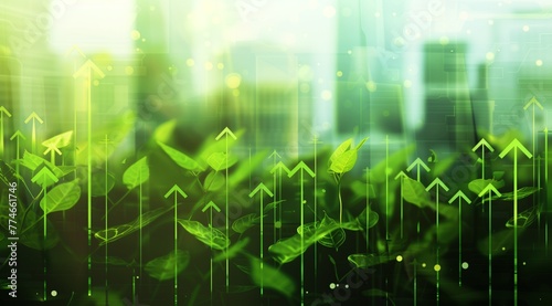 Abstract eco-friendly concept background with green leaves and upward arrows over a blurred city skyline. Represents sustainable growth and environmental conservation.