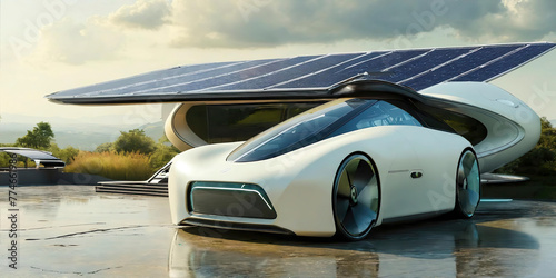 Generic futuristic autonomous electric concept car. Solar power plant on the school roof. View of the photovoltaic panels against trees, white color. Fighting the energy crisis. futuristic vehicle.