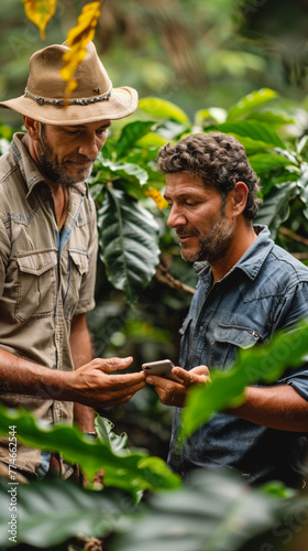A Brazilian farmer connecting with a coffee-growing specialist via a mobile app