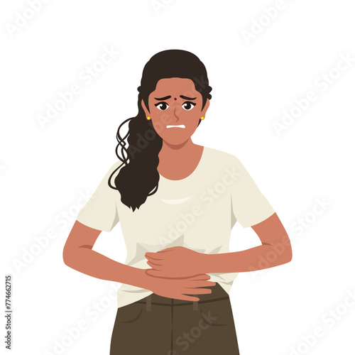 Young Indian woman feel pain in stomach. Stomach acid reflux disease and digestive system problem. Flat Vector Illustration Isolated on White Background