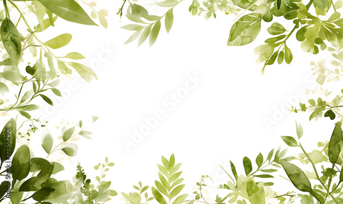 Green leaves as a frame with empty white background space for text, Generative AI