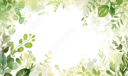 Green leaves as a frame with empty white background space for text, Generative AI