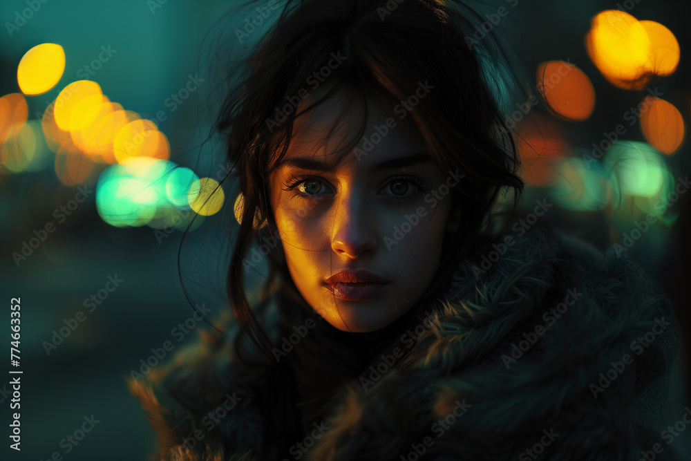 Intriguing young woman with captivating eyes stands out against the vibrant bokeh lights of the city at twilight.
