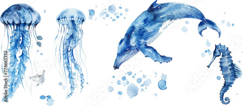 set of watercolor illustrations of jellyfish, humpback whale and seahorse in blue colors on white background