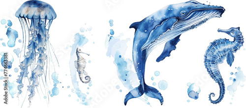 set of watercolor illustrations of jellyfish, humpback whale and seahorse in blue colors on white background