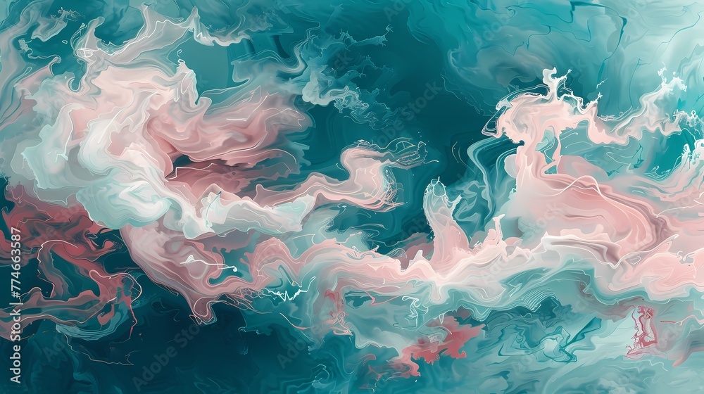 Blush pink tendrils creating mesmerizing patterns over a canvas of deep oceanic teal. - obrazy, fototapety, plakaty 
